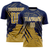 Custom Navy Old Gold-White Gradient Claw Mark Splatter Sports Sublimation Soccer Uniform Jersey
