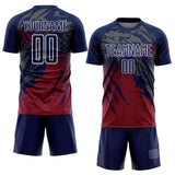 Custom Navy White-Crimson Gradient Claw Mark Splatter Sports Sublimation Soccer Uniform Jersey