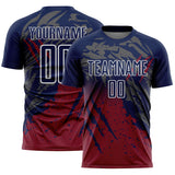 Custom Navy White-Crimson Gradient Claw Mark Splatter Sports Sublimation Soccer Uniform Jersey