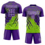 Custom Purple White-Neon Green Gradient Claw Mark Splatter Sports Sublimation Soccer Uniform Jersey