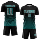 Custom Black Teal-White Gradient Wave Line Sports Sublimation Soccer Uniform Jersey