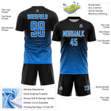 Custom Black Powder Blue-White Gradient Wave Line Sports Sublimation Soccer Uniform Jersey
