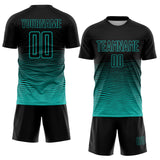 Custom Black Aqua Gradient Wave Line Sports Sublimation Soccer Uniform Jersey