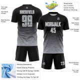 Custom Black Gray-White Gradient Wave Line Sports Sublimation Soccer Uniform Jersey