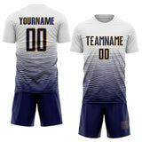 Custom White Navy-Old Gold Gradient Wave Line Sports Sublimation Soccer Uniform Jersey