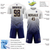 Custom White Navy-Old Gold Gradient Wave Line Sports Sublimation Soccer Uniform Jersey