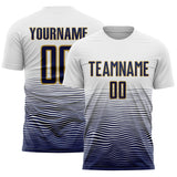 Custom White Navy-Old Gold Gradient Wave Line Sports Sublimation Soccer Uniform Jersey