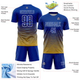 Custom Royal White-Old Gold Gradient Wave Line Sports Sublimation Soccer Uniform Jersey