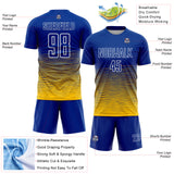 Custom Royal White-Yellow Gradient Wave Line Sports Sublimation Soccer Uniform Jersey