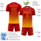 Custom Red Gold Gradient Wave Line Sports Sublimation Soccer Uniform Jersey