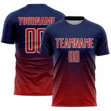 Custom Navy Red-White Gradient Wave Line Sports Sublimation Soccer Uniform Jersey