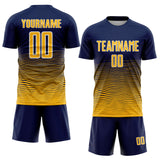 Custom Navy Gold-White Gradient Wave Line Sports Sublimation Soccer Uniform Jersey