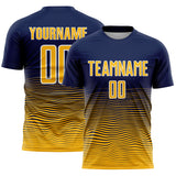 Custom Navy Gold-White Gradient Wave Line Sports Sublimation Soccer Uniform Jersey