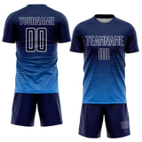 Custom Navy White-Powder Blue Gradient Wave Line Sports Sublimation Soccer Uniform Jersey