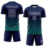 Custom Navy White-Teal Gradient Wave Line Sports Sublimation Soccer Uniform Jersey