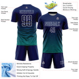 Custom Navy White-Teal Gradient Wave Line Sports Sublimation Soccer Uniform Jersey