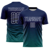 Custom Navy White-Teal Gradient Wave Line Sports Sublimation Soccer Uniform Jersey