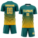 Custom Teal Gold-White Gradient Wave Line Sports Sublimation Soccer Uniform Jersey