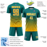 Custom Teal Gold-White Gradient Wave Line Sports Sublimation Soccer Uniform Jersey