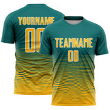Custom Teal Gold-White Gradient Wave Line Sports Sublimation Soccer Uniform Jersey