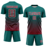 Custom Teal Crimson-White Gradient Wave Line Sports Sublimation Soccer Uniform Jersey