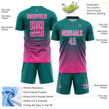Custom Teal Pink-White Gradient Wave Line Sports Sublimation Soccer Uniform Jersey