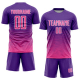 Custom Purple Pink-White Gradient Wave Line Sports Sublimation Soccer Uniform Jersey