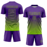 Custom Purple Neon Green Gradient Wave Line Sports Sublimation Soccer Uniform Jersey