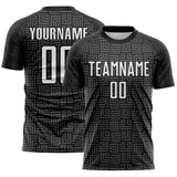 Custom Black White-Steel Gray Geometric Maze Interlocking Square Sports Sublimation Soccer Uniform Jersey