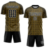 Custom Black Old Gold-White Geometric Maze Interlocking Square Sports Sublimation Soccer Uniform Jersey