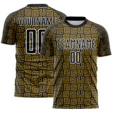 Custom Black Old Gold-White Geometric Maze Interlocking Square Sports Sublimation Soccer Uniform Jersey