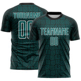 Custom Black Teal-White Geometric Maze Interlocking Square Sports Sublimation Soccer Uniform Jersey