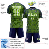 Custom Navy White-Neon Green Geometric Maze Interlocking Square Sports Sublimation Soccer Uniform Jersey