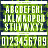 Custom Navy White-Neon Green Geometric Maze Interlocking Square Sports Sublimation Soccer Uniform Jersey
