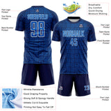 Custom Navy Blue-White Geometric Maze Interlocking Square Sports Sublimation Soccer Uniform Jersey