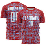 Custom Red White-Light Blue Geometric Maze Interlocking Square Sports Sublimation Soccer Uniform Jersey