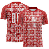 Custom Red White Geometric Maze Interlocking Square Sports Sublimation Soccer Uniform Jersey