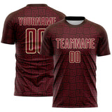 Custom Brown Crimson-Cream Geometric Maze Interlocking Square Sports Sublimation Soccer Uniform Jersey