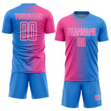 Custom Powder Blue Pink-White Gradient Line Sublimation Soccer Uniform Jersey
