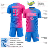 Custom Powder Blue Pink-White Gradient Line Sublimation Soccer Uniform Jersey