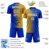 Custom Thunder Blue Old Gold-White Gradient Line Sublimation Soccer Uniform Jersey