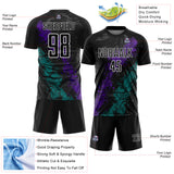 Custom Black White Purple-Teal Dripping Splatter Cracked Texture Sublimation Soccer Uniform Jersey