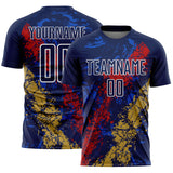 Custom Navy White Red-Old Gold Dripping Splatter Cracked Texture Sublimation Soccer Uniform Jersey