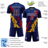 Custom Navy White Red-Gold Dripping Splatter Cracked Texture Sublimation Soccer Uniform Jersey