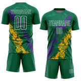 Custom Kelly Green White Purple-Gold Dripping Splatter Cracked Texture Sublimation Soccer Uniform Jersey