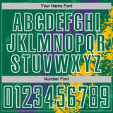Custom Kelly Green White Purple-Gold Dripping Splatter Cracked Texture Sublimation Soccer Uniform Jersey