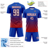 Custom Thunder Blue White-Red Gradient Pinstripe Sublimation Soccer Uniform Jersey