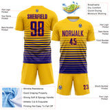 Custom Yellow Dark Purple-Orange Gradient Pinstripe Sublimation Soccer Uniform Jersey