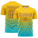 Custom Yellow Purple-Lakes Blue Gradient Pinstripe Sublimation Soccer Uniform Jersey