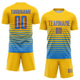 Custom Yellow Powder Blue-Orange Gradient Pinstripe Sublimation Soccer Uniform Jersey
